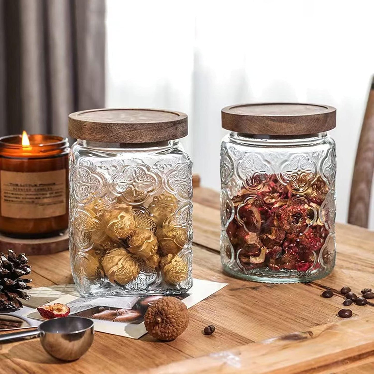 Snminetal Vintage Glass Airtight Storage Jar Set of 4, With Airtight Wood Lid, Kitchen Food Storage Containers,for Kitchen Counter, Pantry, Tea, Sugar,Coffee,Food Storage Jar(Plum pattern)