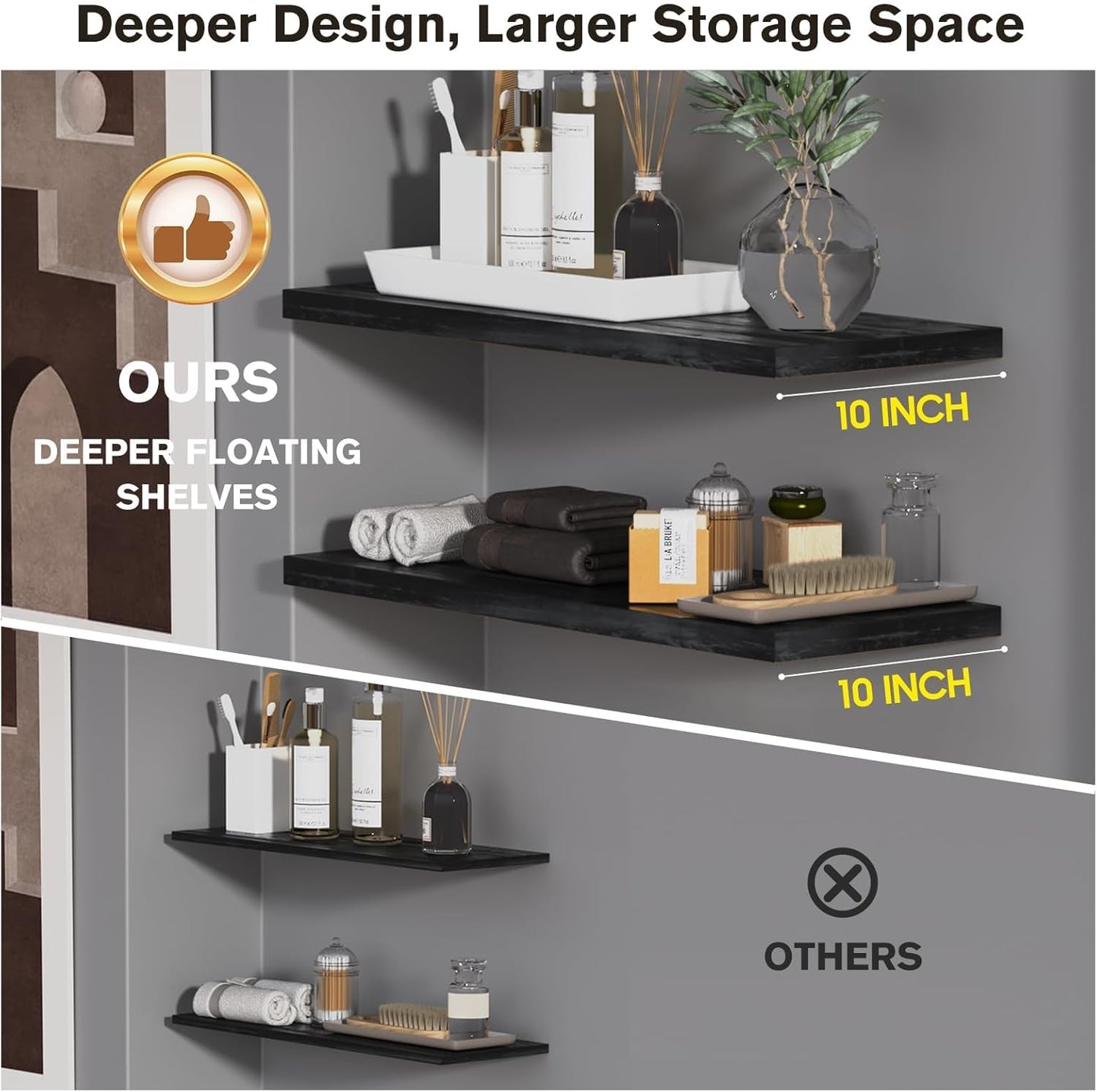 Wall Shelf Set of 1,Dark Wood Floating Shelves 24 in W x 10 in D x 1 in H, Wooden Floating Wall Shelf with Invisible Brackets for Living Room/Bedroom/Bathroom/Kitchen Storage and Decor