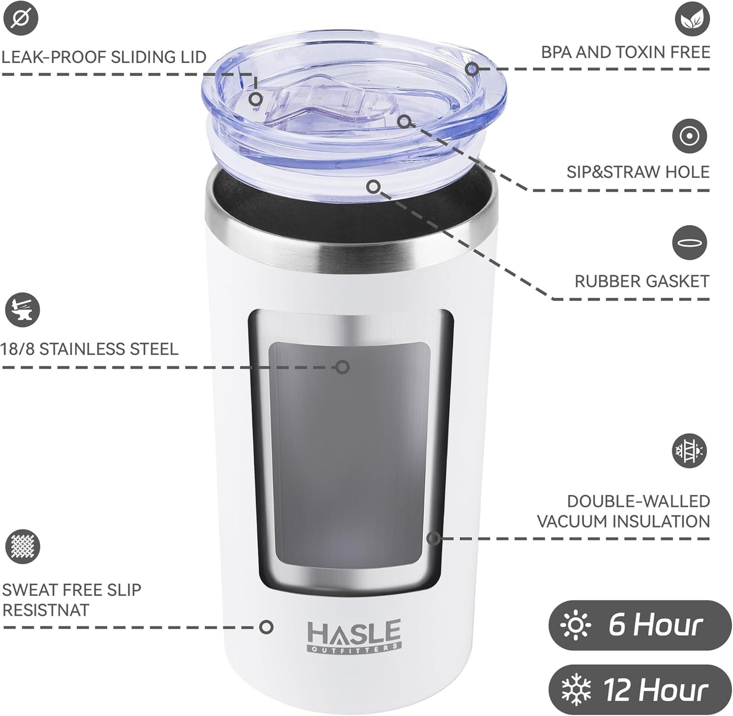 HASLE OUTFITTERS 12 oz Skinny Tumbler, Stainless Steel Insulated Slim Tumbler set bulk with Lid, Reusable Double Wall Travel Coffee Mug, Durable Powder Coated Travel Water Cup(White,6)