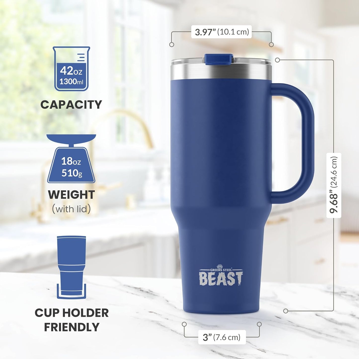 Beast 42 oz Tumbler Stainless Steel Vacuum Insulated Coffee Ice Cup Double Wall Travel Flask (Royal Blue)