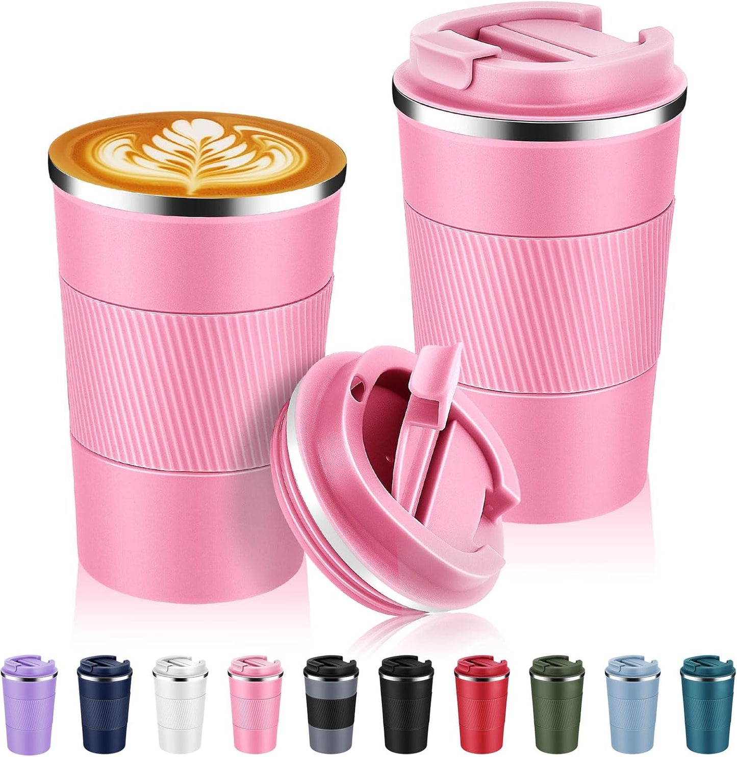 Volhoply 13 oz Stainless Steel Insulated Travel Coffee Mug with Fip Lid Bulk 2 Pack,Reusable Double Wall Vacuum Metal Coffee Cup,Portable Leak Proof Thermal Tumbler for Hot & Cold Drinks(Pink,2)