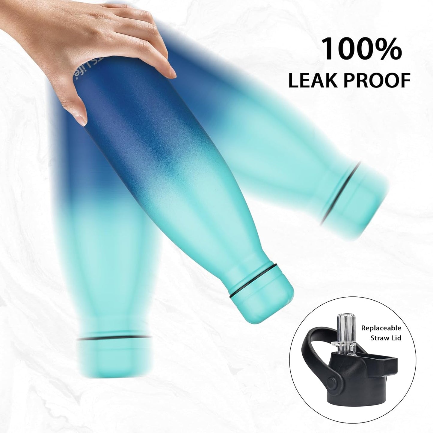 Insulated Water Bottle, 2 Pack-17oz Stainless Steel Water Bottles with straw lid, Metal Sports Water Bottles for Boys,Girls, Double Wall Vacuum BPA-Free Flask for School (Purple-Ocean Dream)