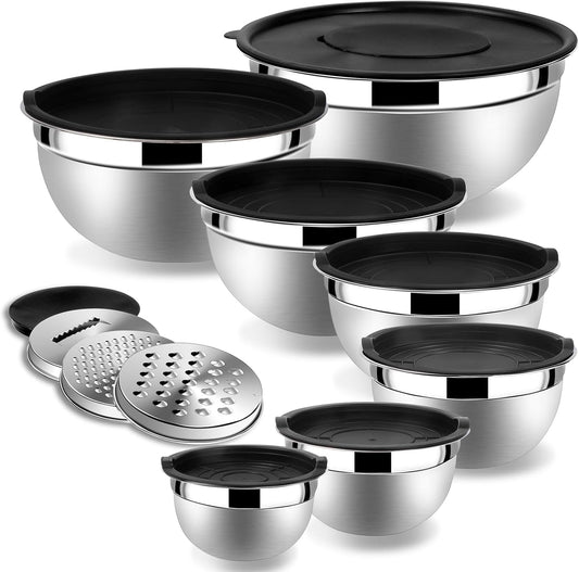 Lazycorner Stainless Steel Mixing Bowls with Airtight Lids Set of 7 Stainless Steel Bowls Set with 3 Grater Attachments Great for Serving & Baking