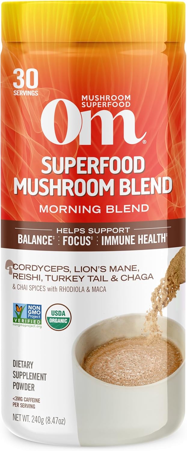 OM MUSHROOM SUPERFOOD Morning Energy Blend Mushroom Powder Drink, 8.47 Ounce Canister, Coffee Free Energy Drink with Cordyceps, Vitamin D2, Agaricus Bisporus, Lion's Mane, Rhodiola, and Turkey Tail