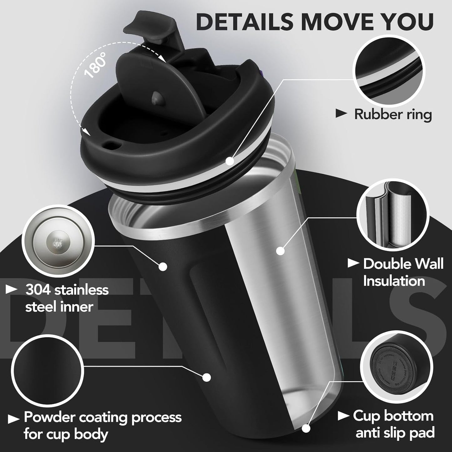 Volhoply 12 oz Double Wall Insulated Vacuum Travel Coffee Mug with Flip Lid,Reusable Stainless Steel Leak Proof Coffee Cup,Portable Iced Cafe Thermal Tumbler Suitable for Hot&Cold Drinks(Black,1 Set)