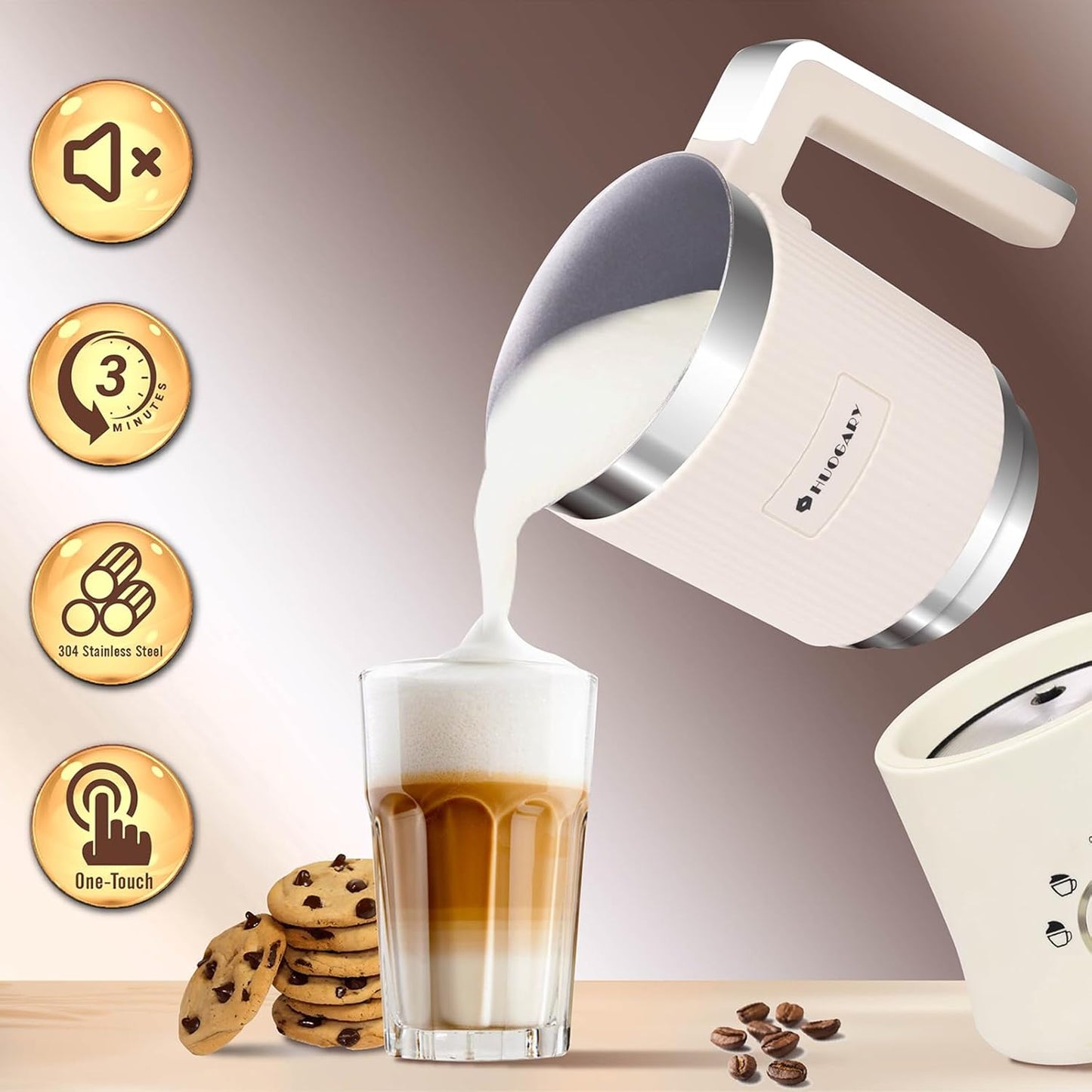 Huogary 5-in-1 Detachable Milk Frother Electric Milk Frother and Steamer Automatic Milk Foamer Frother Hot and Cold Foam Hot Chocolate Maker with Dishwasher Safe (Beige)