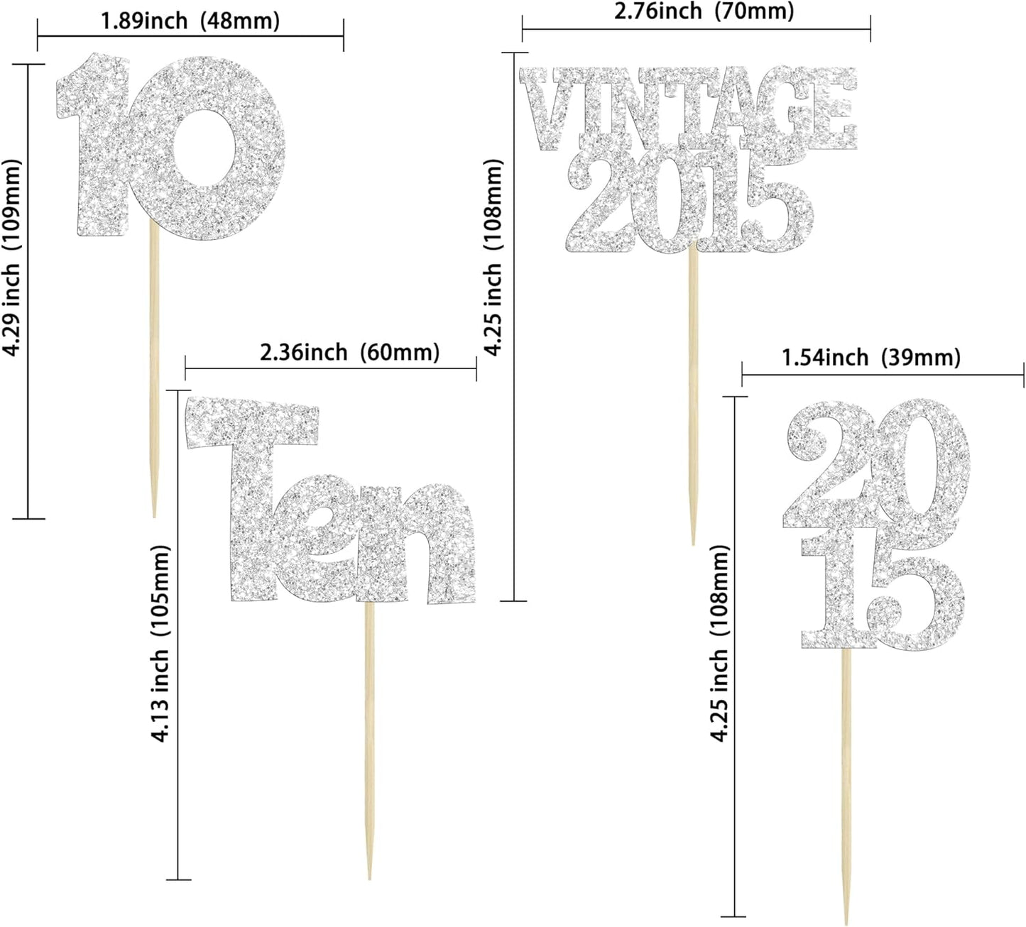 Gyufise 24Pcs 10th Birthday Cupcake Toppers Glitter Ten Vintage 2015 Hello 10 Years Birthday 10 Cupcake Picks Double Digits Cake Decorations for Happy 10th Birthday Anniversary Party Supplies Silver