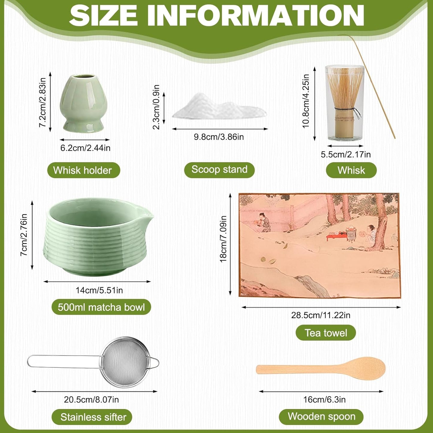 Matcha whisk Set, 8 PCS Ceramic Matcha Kit, Matcha Tea Set with Whisk, Ceramic Bowl, Sifter, Scoop, Holder, Stand, and Tea Towel, Gift for Matcha Lover