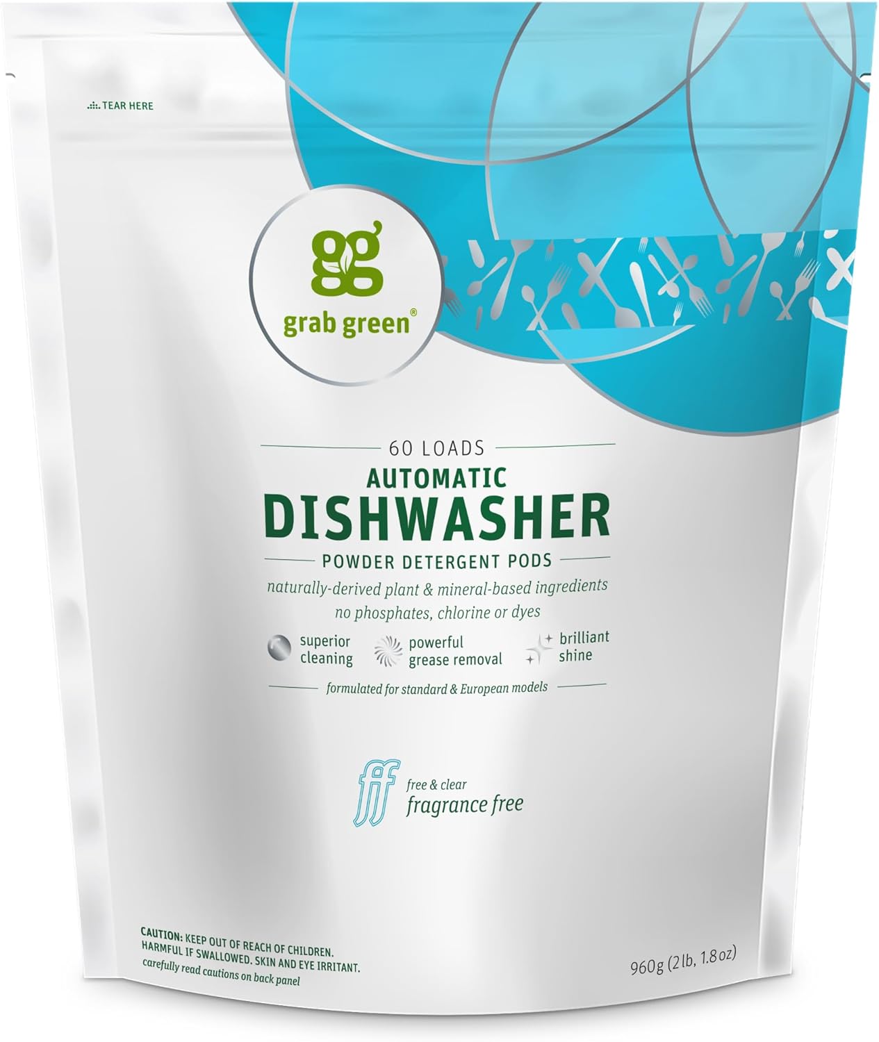 Grab Green Automatic Dishwashing Detergent Pods, 60 Count, Fragrance Free, Plant and Mineral Based, Superior Cleaning, Powerful Grease Removal, Brilliant Shine