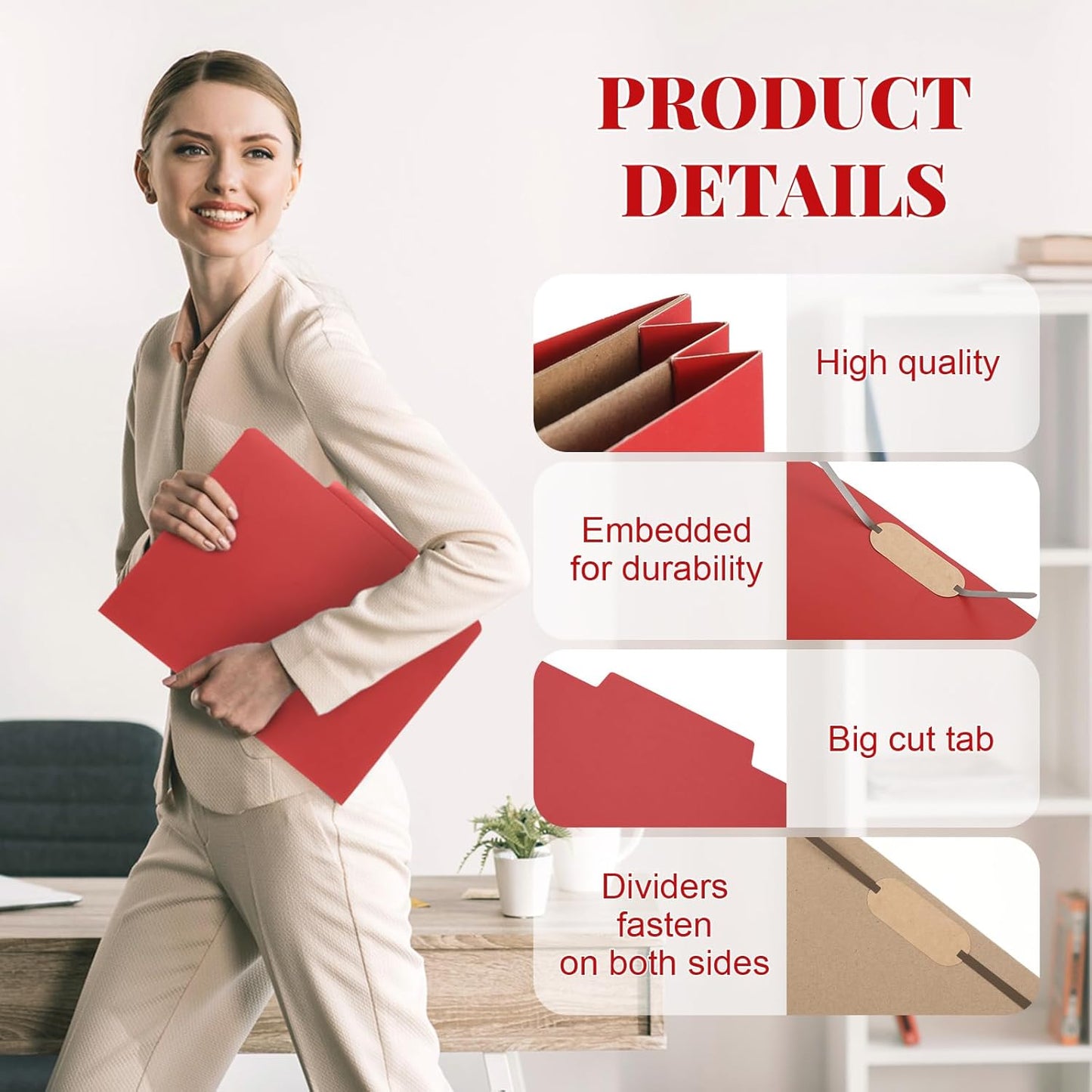 24 Pcs Classification Folders Letter Size, Back to School Supply for Teacher, Student, 2 Pocket Dividers Pressboard File Folder Bulk with 2 Fasteners, 2 in Expanding File Organizer (Red)