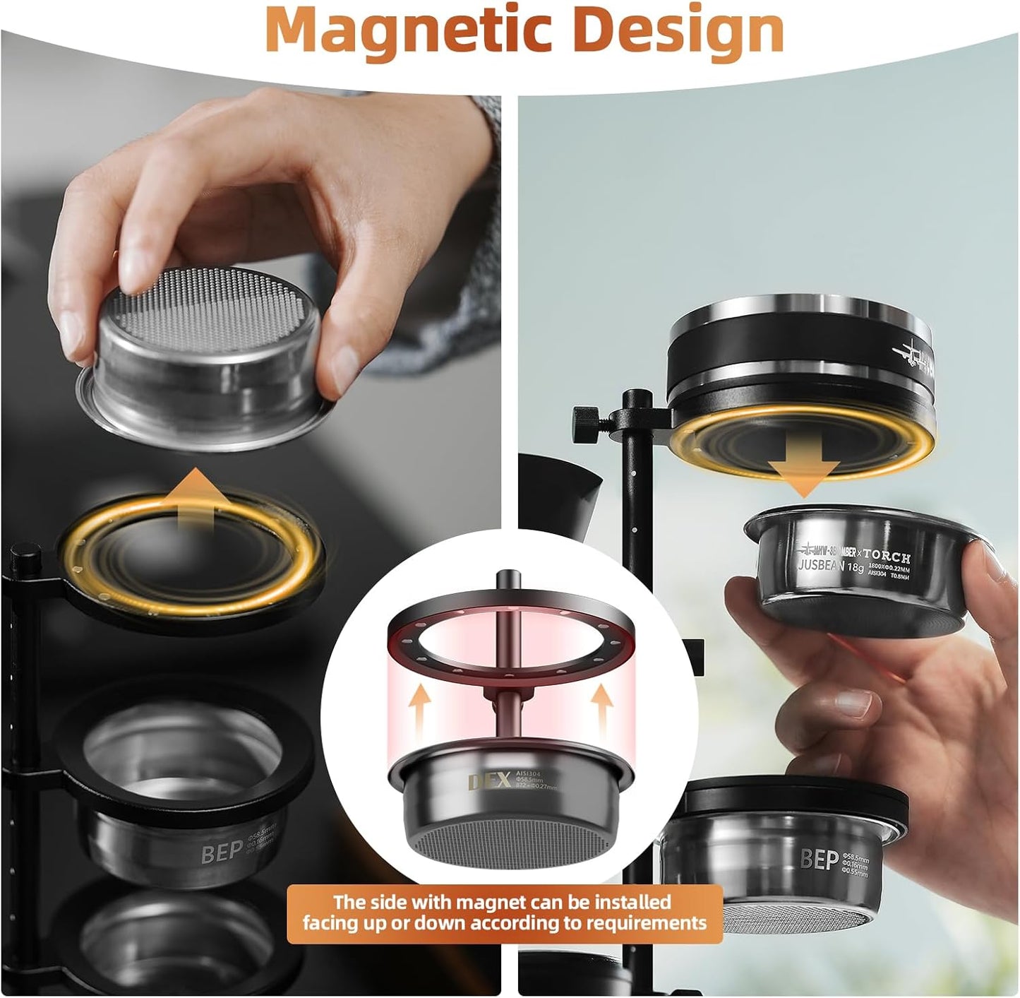 MHW-3BOMBER Magnetic Portafilter Basket Storage Stand, Espresso Filter Basket Holder Rack for 51/53/54/58mm Coffee Filter, Removable Espresso Display Bracket SR6106-OS