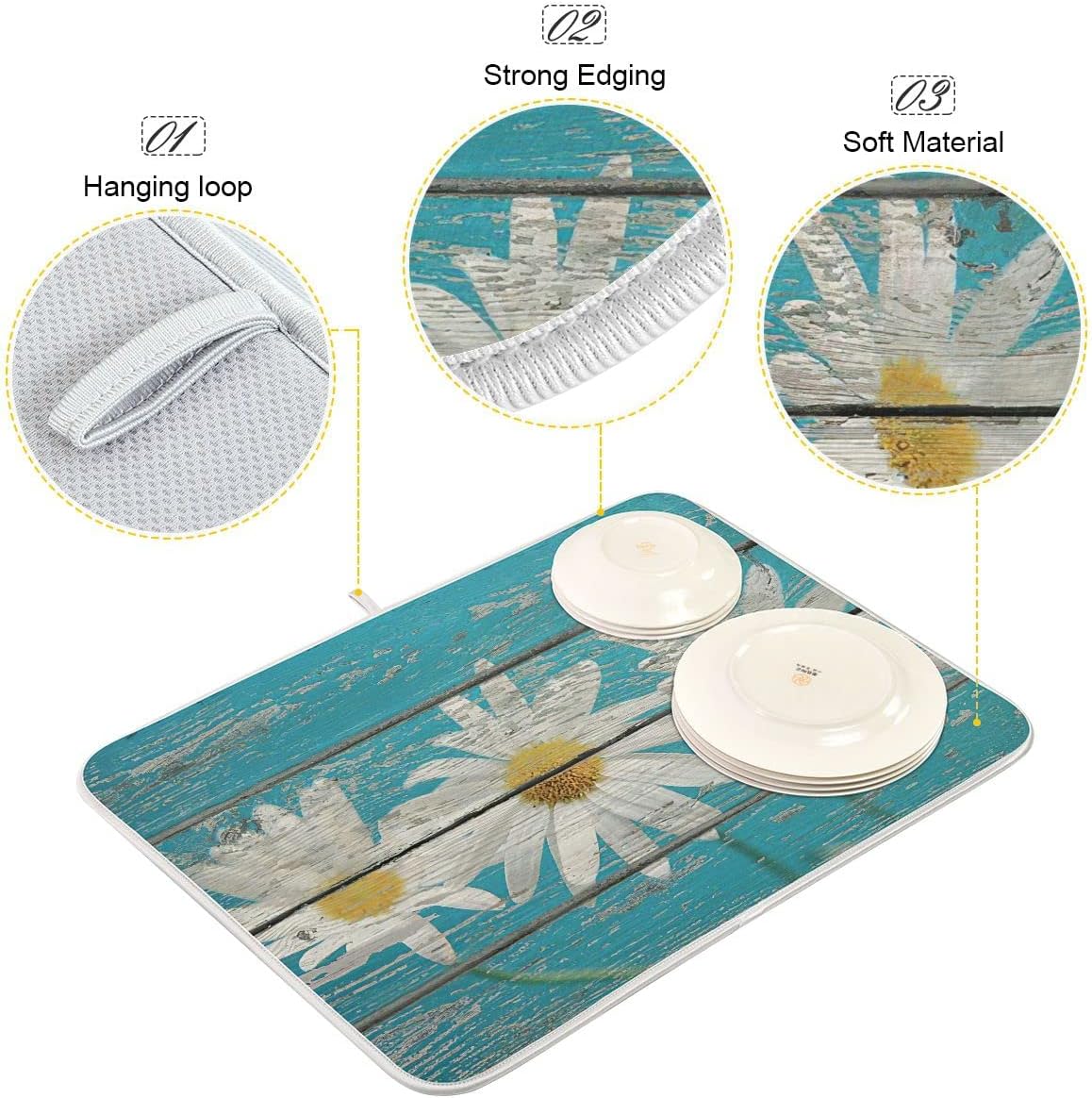 Daisy On Old Wooden Board Dish Drying Mat for Kitchen Counter Turquoise Wood Drying Mat 16 x 18 Inch with High Absorbent Reversible Microfiber Dish Drying Pad Drainer Mat for Coffee Bar