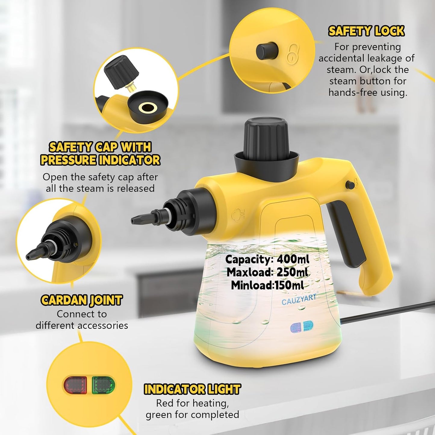 Steam Cleaner for Home, Cauzyart Pressurized HandHeld Steamer for Cleaning with 11pcs Accessories and Safety Lock, Multi-Purpose Steamer for Bathroom,Tile, Window and Car