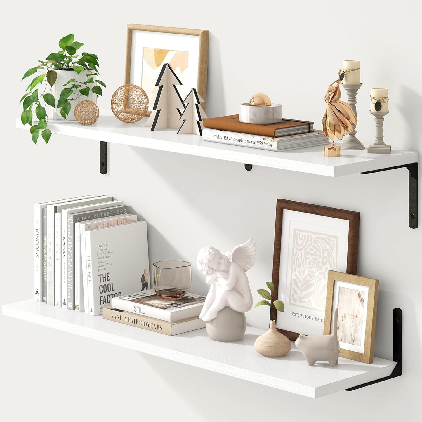 Fun Memories Deep Floating Shelves, 36W x 8D Floating Shelves Set of 2, Wall Mounted Shelf with Metal Brackets, Rustic Wood Wall Shelf for Bathroom, Kitchen and Living Room, White