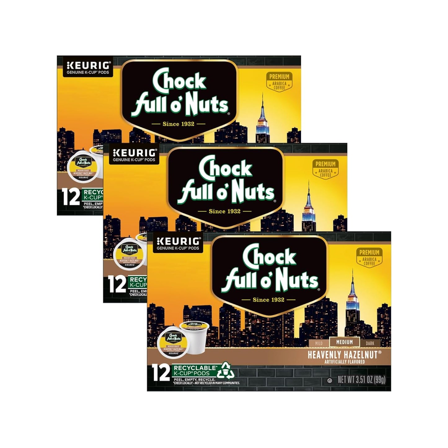 Chock Full o'Nuts Heavenly Hazelnut Coffee, Compatible with K-Cup Pods, 12 CT (Pack of 3)