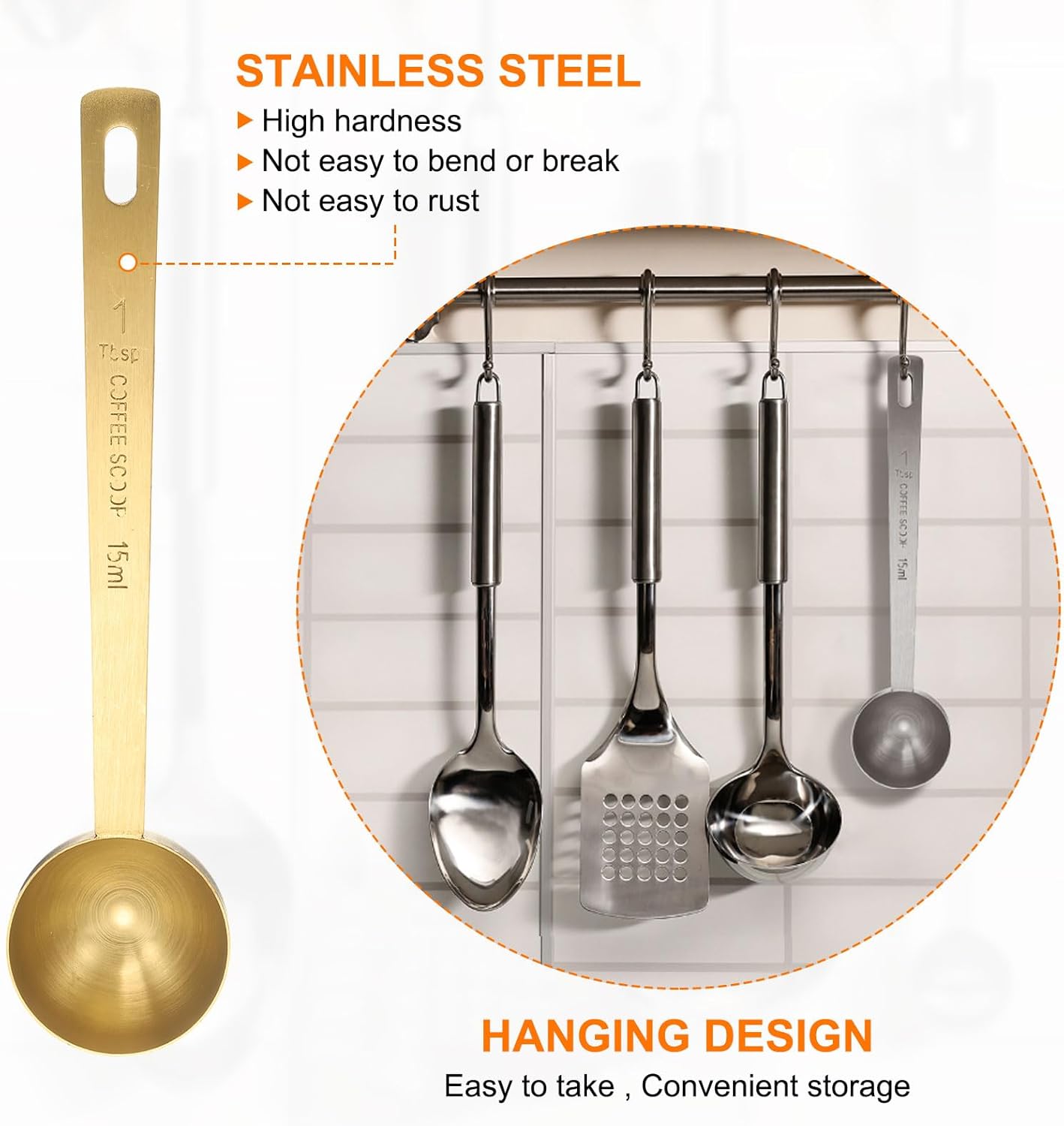 HARFINGTON Coffee Scoop Spoon 1tbsp (3tsp, 15ml) 304 Stainless Steel Long Handle Teaspoon/Tablespoon Measuring Spoons Scoops for Tea Sugar Kitchen, Gold