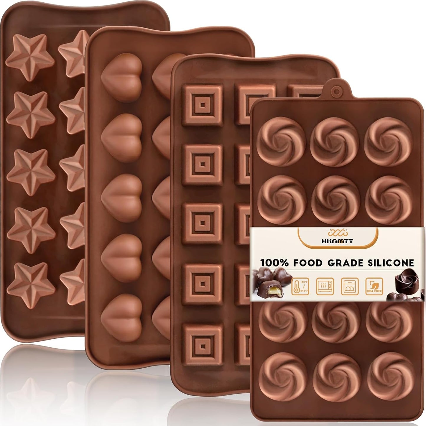 HKNMTT Chocolate Molds Silicone for Hard Candy Butter, 4 Pcs Small Bite Size Heart Star Sqaure Shapes Truffle Caramel Mould, Homemade Wax Melts Food Grade Baking Set Oven Safe Kit