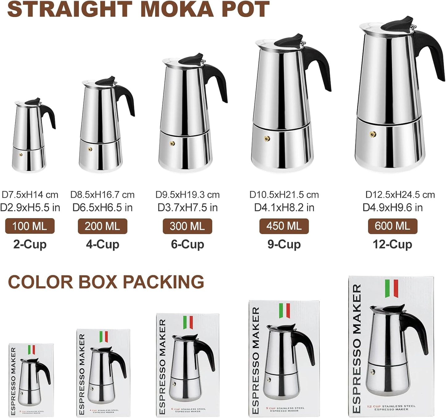 2 Cup Stovetop Espresso Maker Stainless Steel Moka Pot Stove Top Percolator Italian Coffee Makers Capable Mocha Greca Machine Cafe Classic Induction Cookers for Home and Camping 100ml 3.3oz