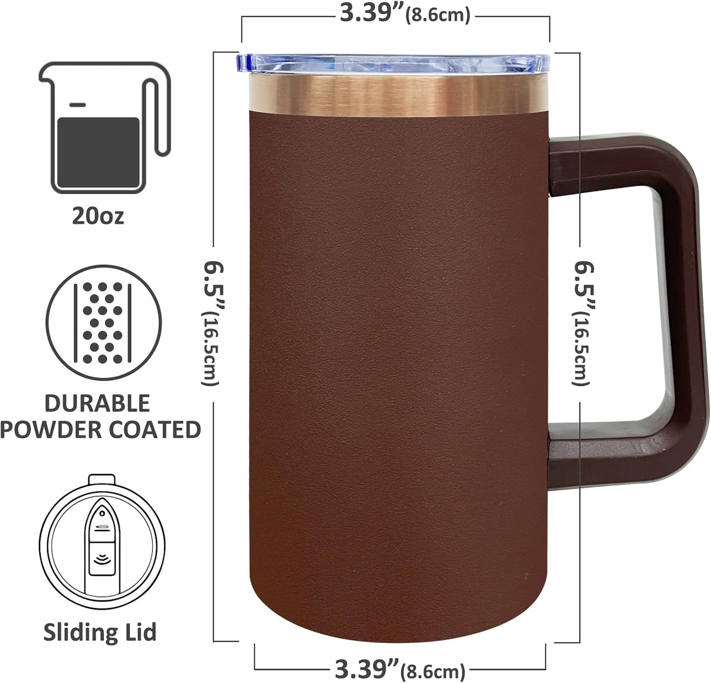 20 oz Insulated Coffee Mug with Lid, Stainless Steel Coffee Tumbler Bulk, Double Wall Vacuum Travel Mug with Handle, Leakproof Powder Coated Coffee Cups for Hot and Cold Drinks (Brown,1 pack)