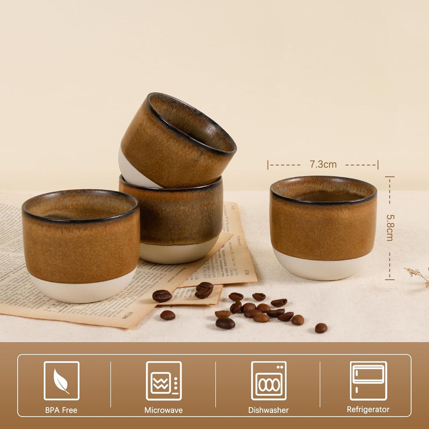 Ceramic Espresso Cups Set of 4, Double Walled Espresso Coffee Mugs for Nespresso Cups, Special glazed Demitasse Cups Expresso Coffee Cup for Espresso Machine (Brown)