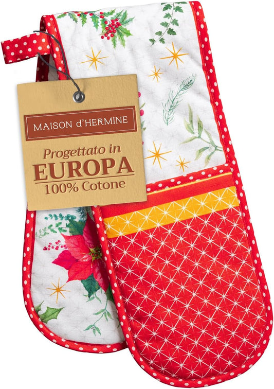 Maison d' Hermine Double Oven Mitts 100% Cotton 7"x35" Double Oven Mitt Heat Resistant BBQ Cooking Gloves with Loop, Baking, Grilling, Home, Kitchen, Handling Hot Pans (Poinsettia Christmas)