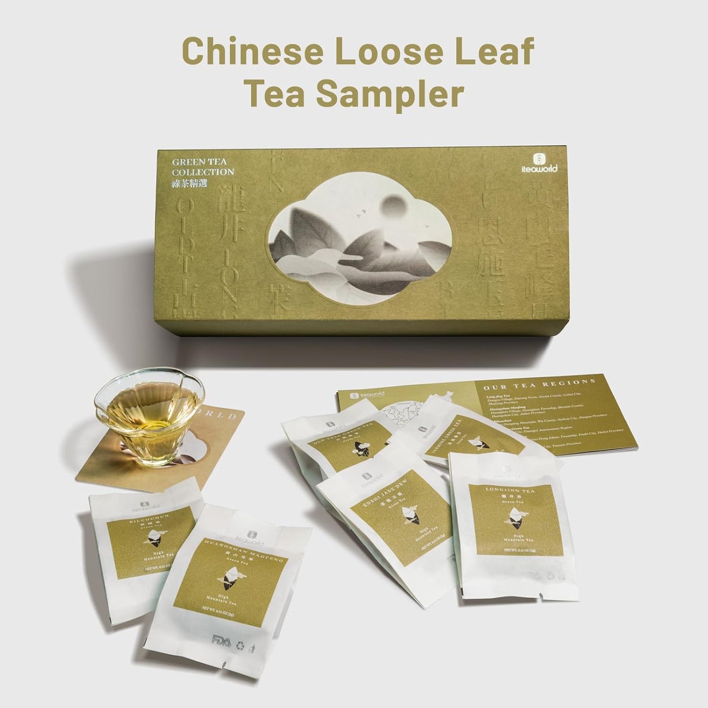 iTeaworld Chinese Green Tea Sampler - 6 Flavors Green tea loose leaf Bag - Chinese Tea With Mediumly Caffeinated, Sugar Free Loose Leaf Tea for Health Come with 20 Tea Bags, 3.5oz