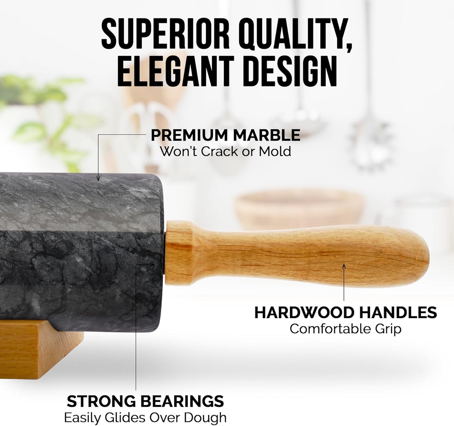 Zulay Kitchen 17-Inch Marble Rolling Pin With Stand - Polished Marble Rolling Pins For Baking - Long Rolling Pin Marble With Beechwood Handle - Non-stick Roller Pin For Baking Pastries, Bread & Pizza