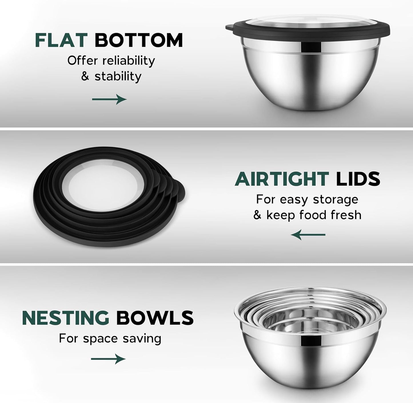 Stainless Steel Mixing Bowls with Black Lids, Metal Nesting Mixing Bowl Set of 5 - Size 1.5, 2, 2.6, 3.5, 4.6QT