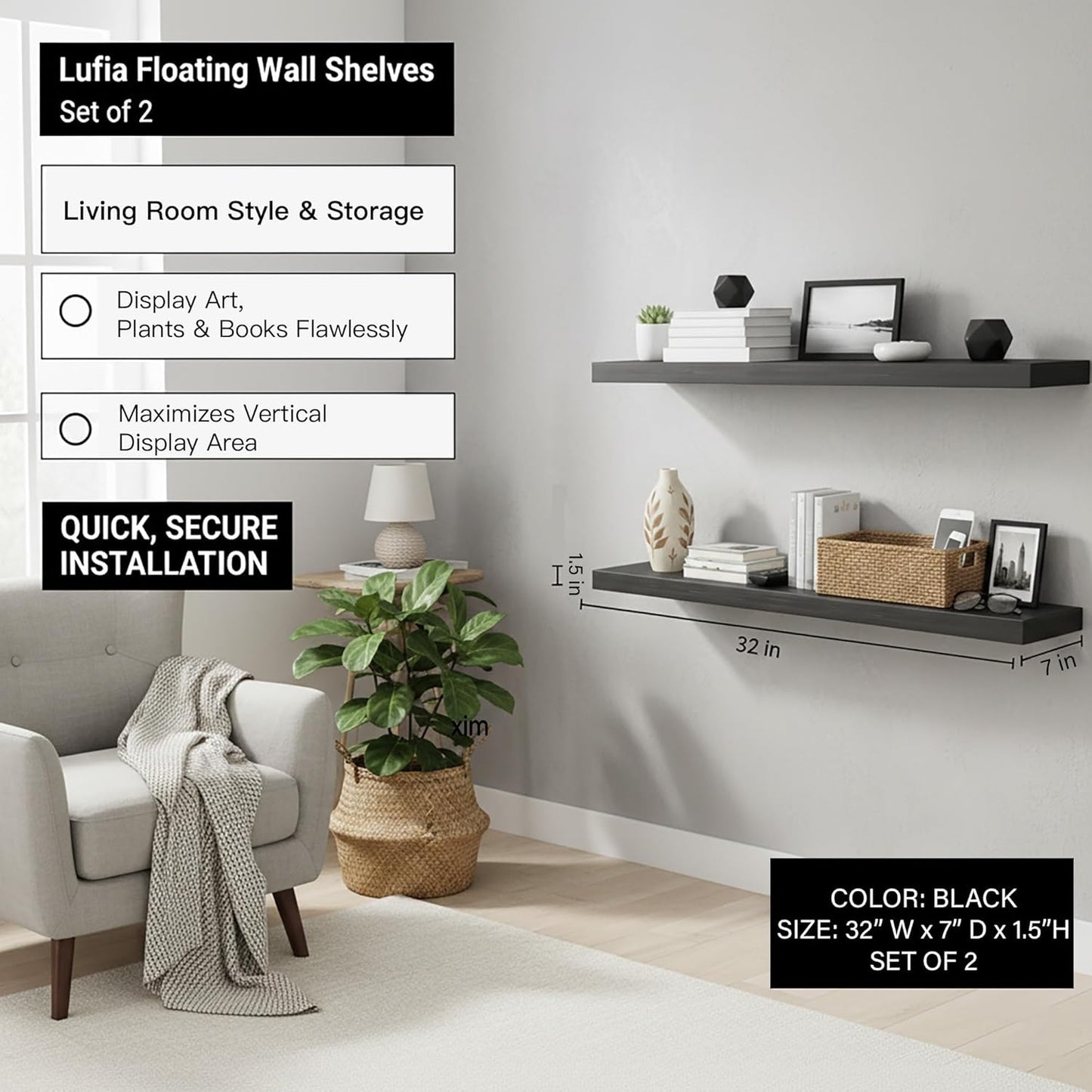 Lufia Floating Wall Shelves, Set of 2, MDF with Invisible Brackets, Modern Storage for Bedroom, Bathroom, Living Room, Kitchen (Black, 32" W x 7" D x 1.5" H)