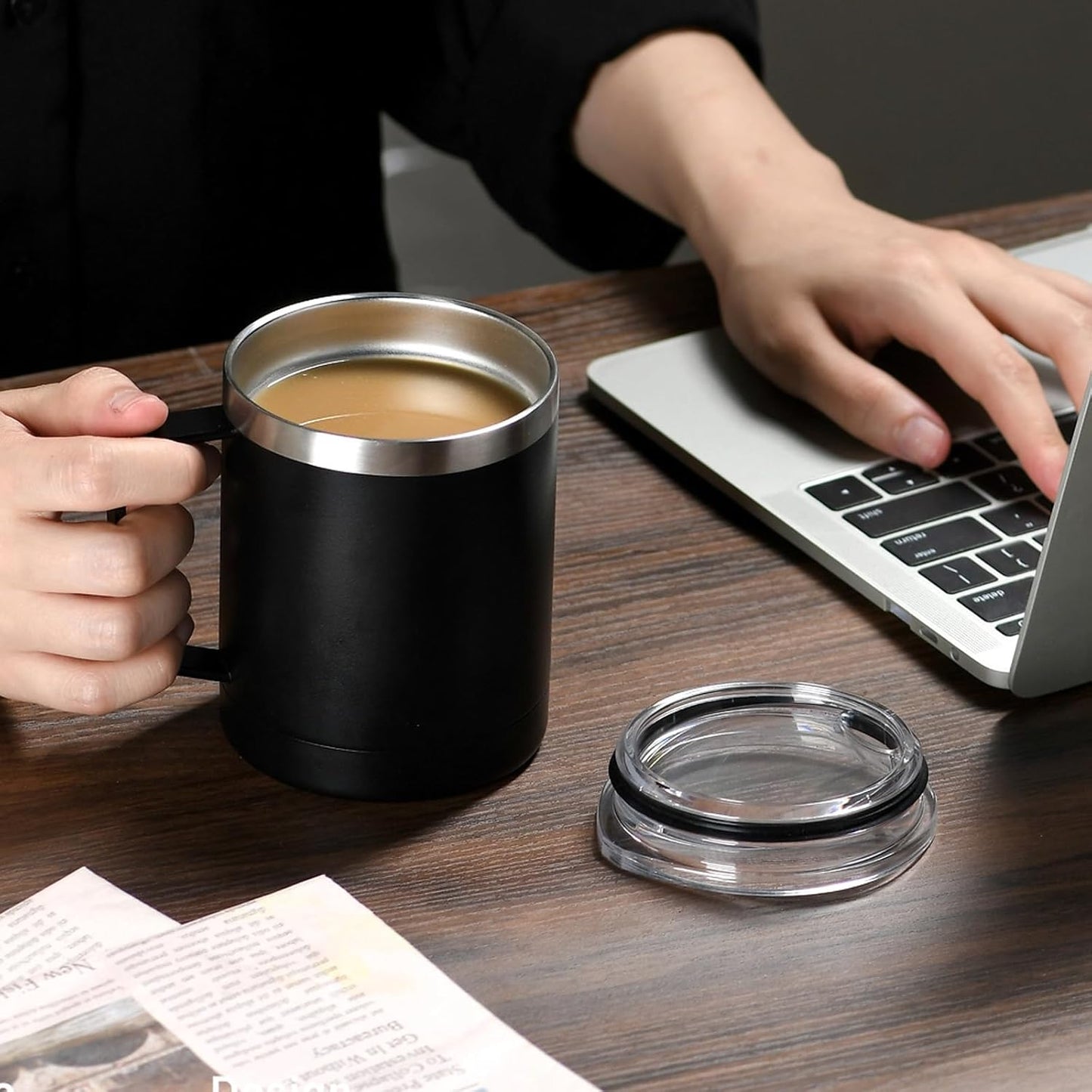 14 oz Stainless Steel Vacuum Insulated Tumbler with handle & MacSlider Lid, Dishwasher Safe & Spill Proof Coffee Cup, Travel Mug for Hot/Cold Drinks, Durable Design - Gray