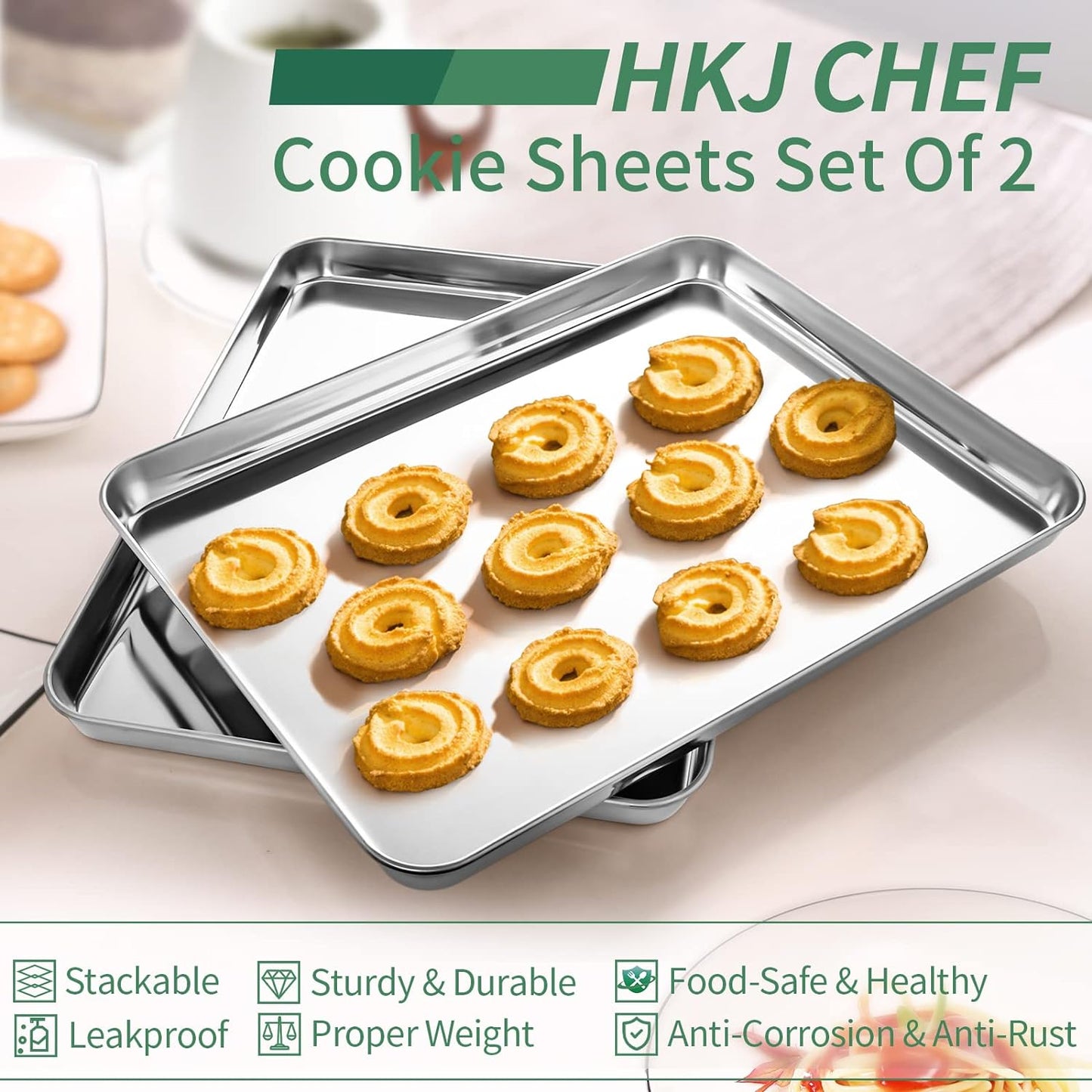 Baking Sheets Set of 2, HKJ Chef Cookie Sheets 2 Pieces Stainless Steel Baking Pans & Toaster Oven Tray Pans, Rectangle Size 23.54L x 15.67W x 1.18H inch & Non Toxic & Healthy & Easy Clean