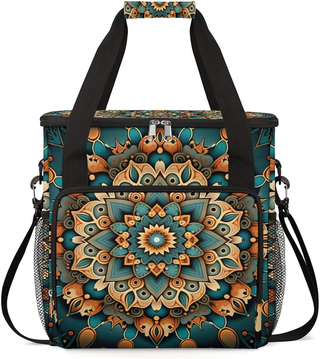 Ethnic Mandala Floral Flowers Coffee Maker Carrying Bag, Coffee Machine Travel Storage Bag Compatible with K-Mini or K-Mini Plus, Portable Single Serve Coffee Brewer Case with Pockets for K-Cup Pods