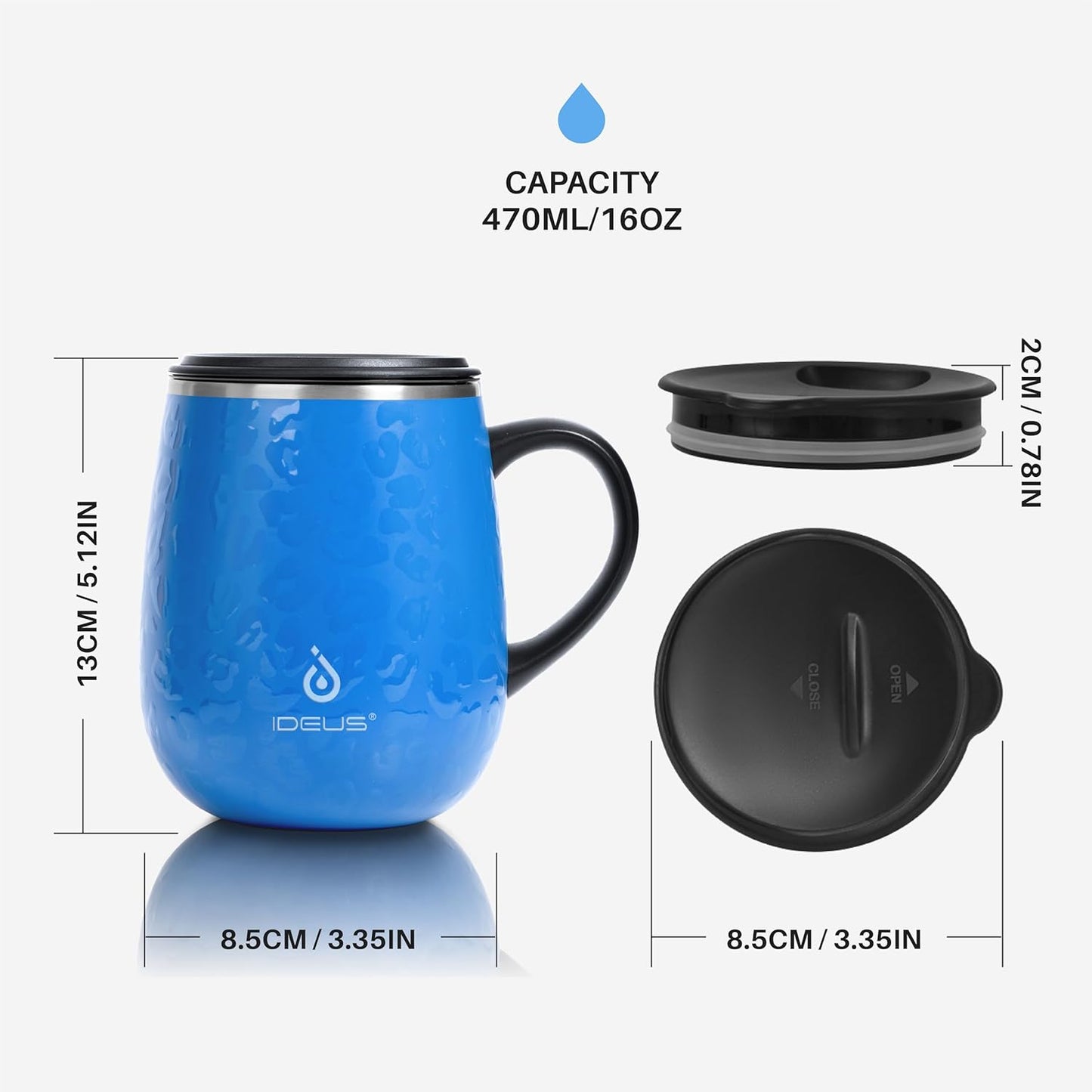 Ideus 16 oz (470 ml) Insulated Coffee Mug with Handle and Lid, Double Wall Stainless Steel Vacuum Thermal Coffee Mug, Travel Coffee Cup Thermal Cup for Home and Office (Leopard Blue)