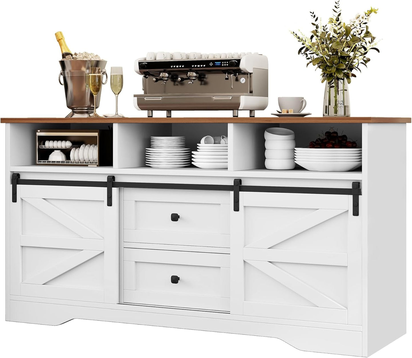 YITAHOME Buffet Cabinet with Drawers, 59" Large Sideboard Buffet Storage Cabinet with Shelves and Doors, Modern Farmhouse Coffee Bar Station Wood Kitchen Table for Kitchen, Dining Room, White