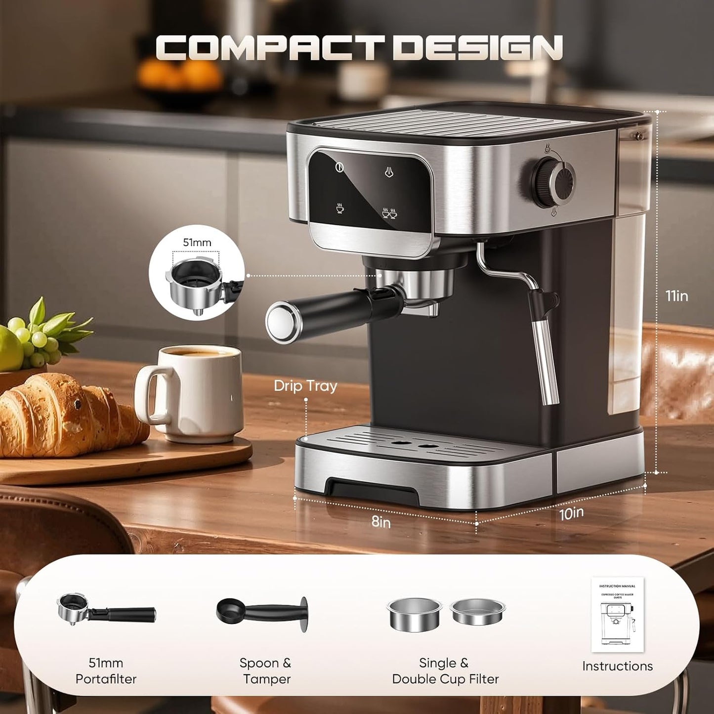 Espresso Machine 20 Bar, Professional Espresso Maker with Power Milk Frother，Compact Espresso Coffee Machine With LED Touch Screen for Home Latte, Cappuccino, 61OZ Removable Water Tank 2025