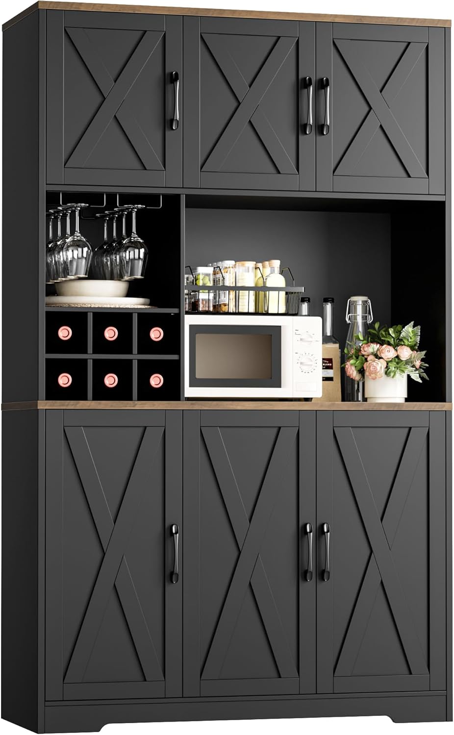 HOSTACK Kitchen Pantry Storage Cabinet, 71" Tall Food Pantry Cabinet with Microwave Stand, Farmhouse Kitchen Hutch, Coffee Bar Hutch with Wine Rack for Dining Room, Living Room, Black