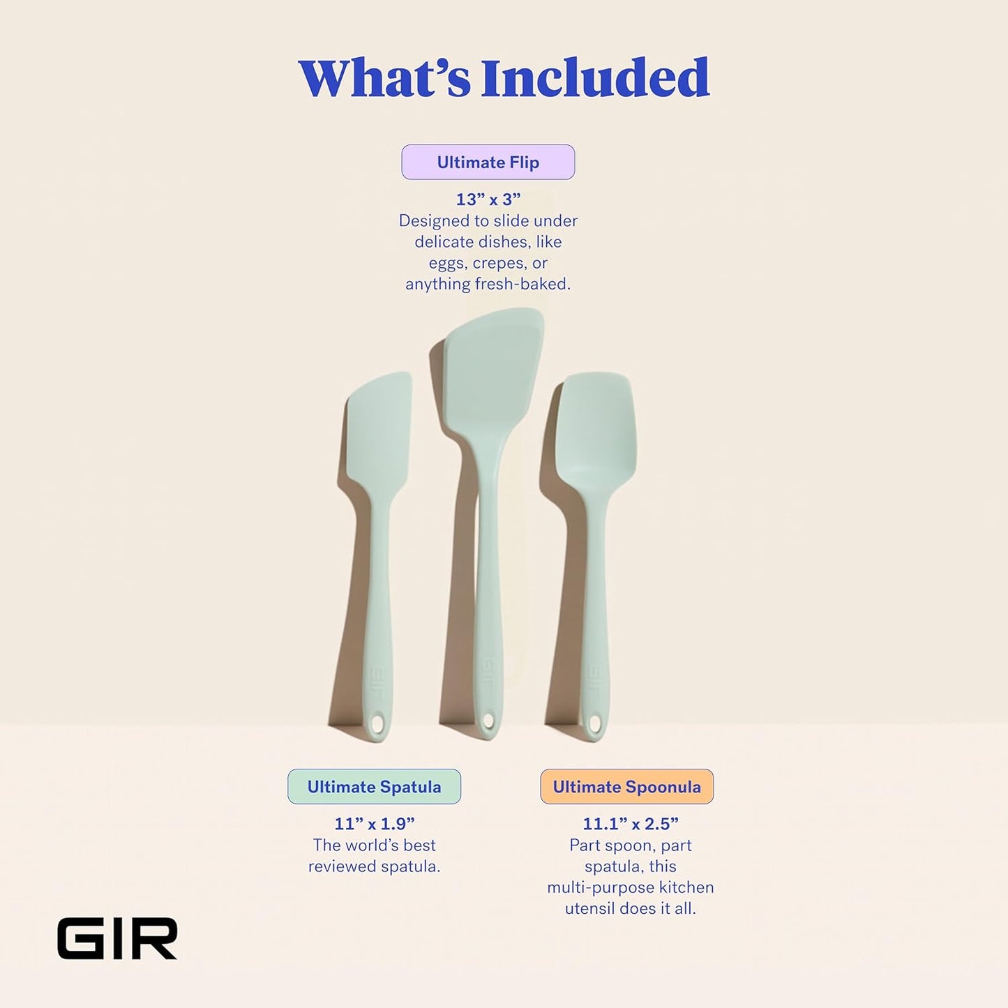 GIR: Get It Right 3 Piece Silicone Utensil Set - Spatula, Flip & Spoonula - Non-Stick - Heat Resistant - Dishwasher Safe - Kitchen Cooking Utensils - BPA & BPS Free - Mint Silicone Spatula Set