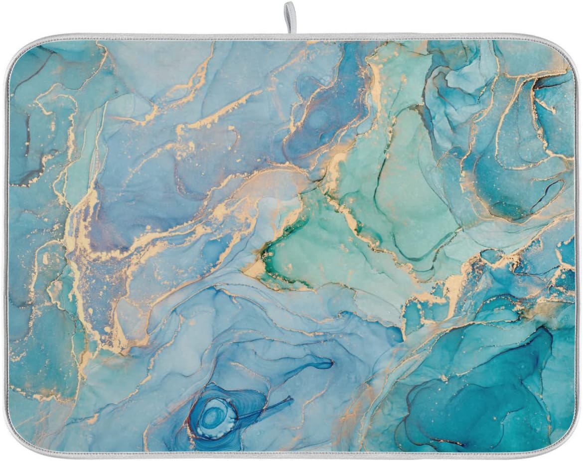 Marble Dish Drying Mat for Kitchen Counter Blue Teal Turquoise Gold Drying Mat 18 x 24 Inch with High Absorbent Reversible Microfiber Dish Drying Pad Dish Rack Pad Drainer Mat for Coffee Bar