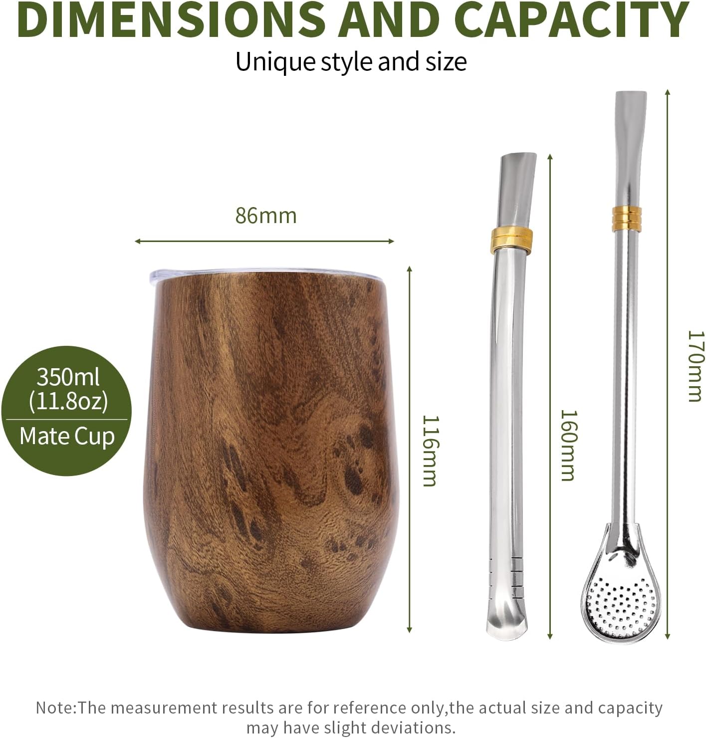 Yerba Mate Cup with Lid, 2 Bombillas, Cleaning Brush, 11.8oz Stainless Steel Double-Wall Insulated Gourd (Wood)