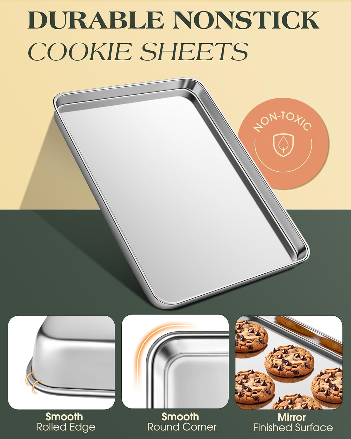 Baking Sheet Set of 2, Commercial Grade Stainless Steel Cookie Sheets for Baking, 18 x 13 Inch Thicker Large Baking Pans Oven Tray, Warp Resistant Nonstick Half Sheet Pan, Nontoxic & Heavy Duty
