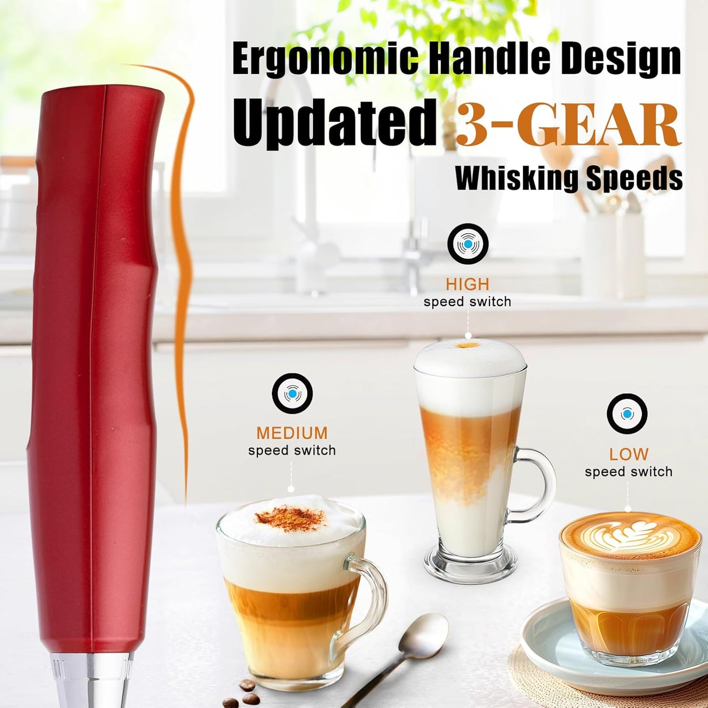 Nahida Red Milk Frother Wand for Coffee - Rechargeable Handheld Electric Whisk with 3 Heads, 3 Speeds - Drink Mixer for Latte, Cappuccino, Hot Chocolate