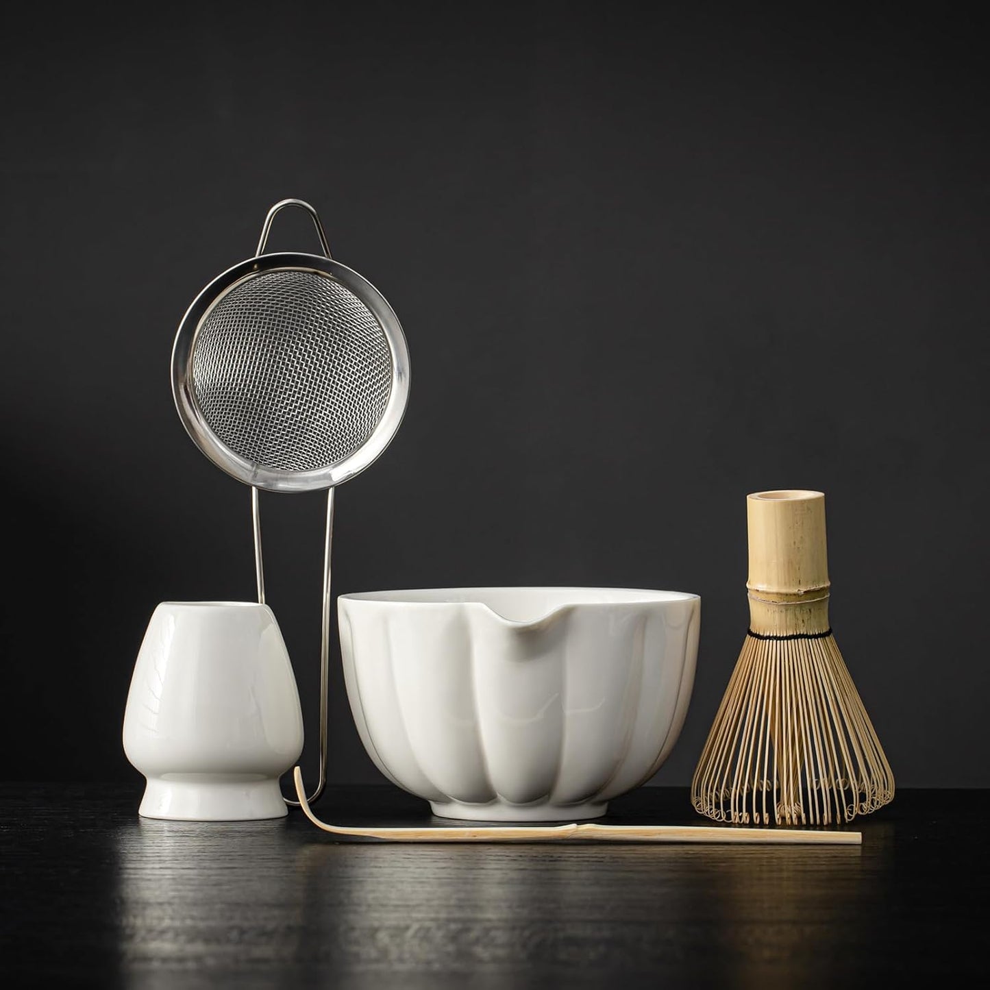 Matcha Whisk Set, Matcha Bowl with Spout, Matcha Whisk, Chasen Holder, Sifter, Bamboo Scoop - 5 Pcs Perfect Matcha Making Kit for Matcha Lover and Tea Ceremony (Pearl White)