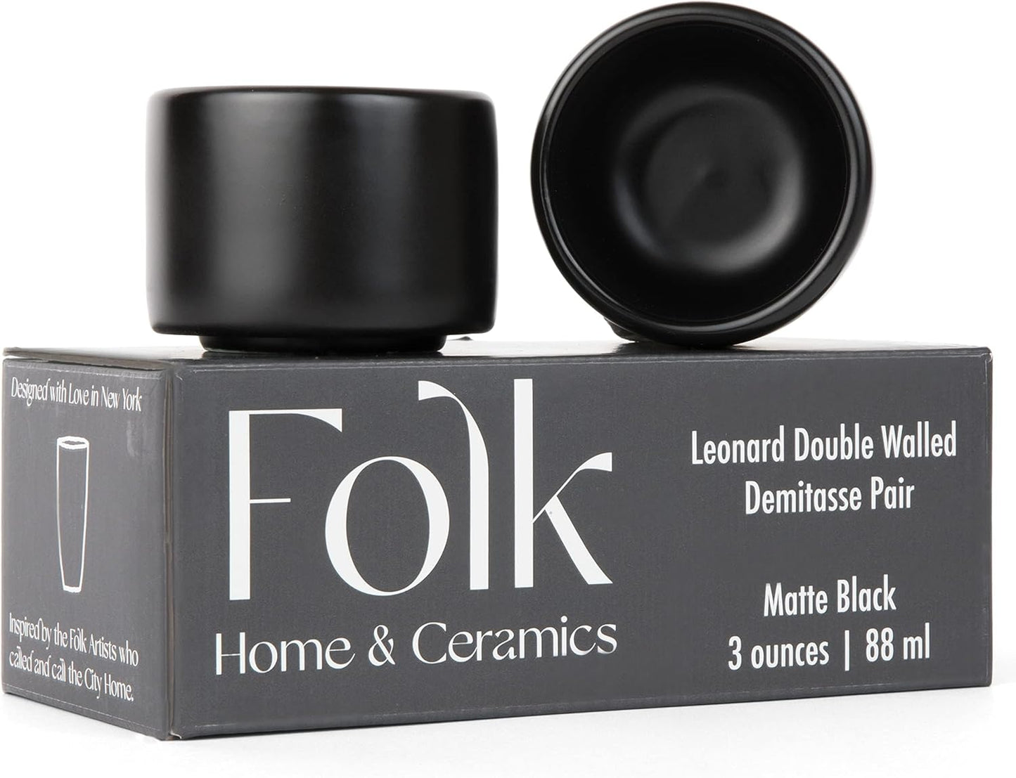Folk Ceramics Leonard Ceramic Espresso Cups | Modern Stackable Demitasse Mugs for Espresso | Thick Walled, Handleless, Durable, Dishwasher & Microwave Safe | Set of 2, 3oz | Matte Black