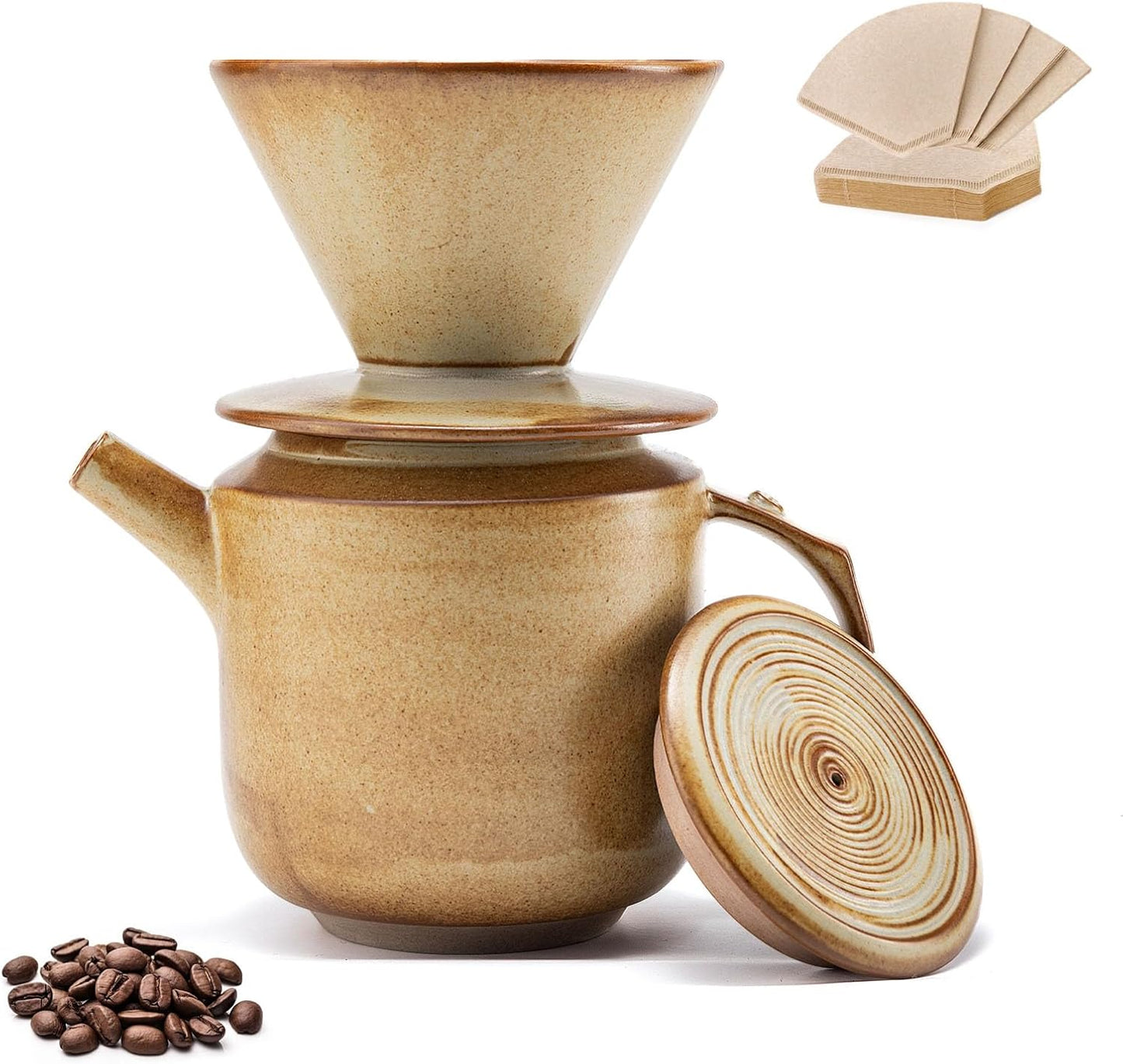 AZYM Pour Over Coffee Maker Set,with Lid and V60 Paper Coffee Fliters 20 Counts,High Heat Resistant Vintage Coffee Carafe Dripper Set for Home Café Restaurant Camping Hiking(Yellow)