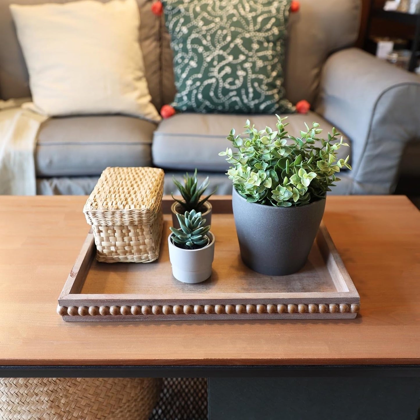 Wood Decorative Tray, Distressed Outdoor Serving Tray with Wooden Bead for Ottoman, Coffee Table, Entertaining, Home Decor, Rectangular 15.7”*11.8”*1.57” (Retro Brown)