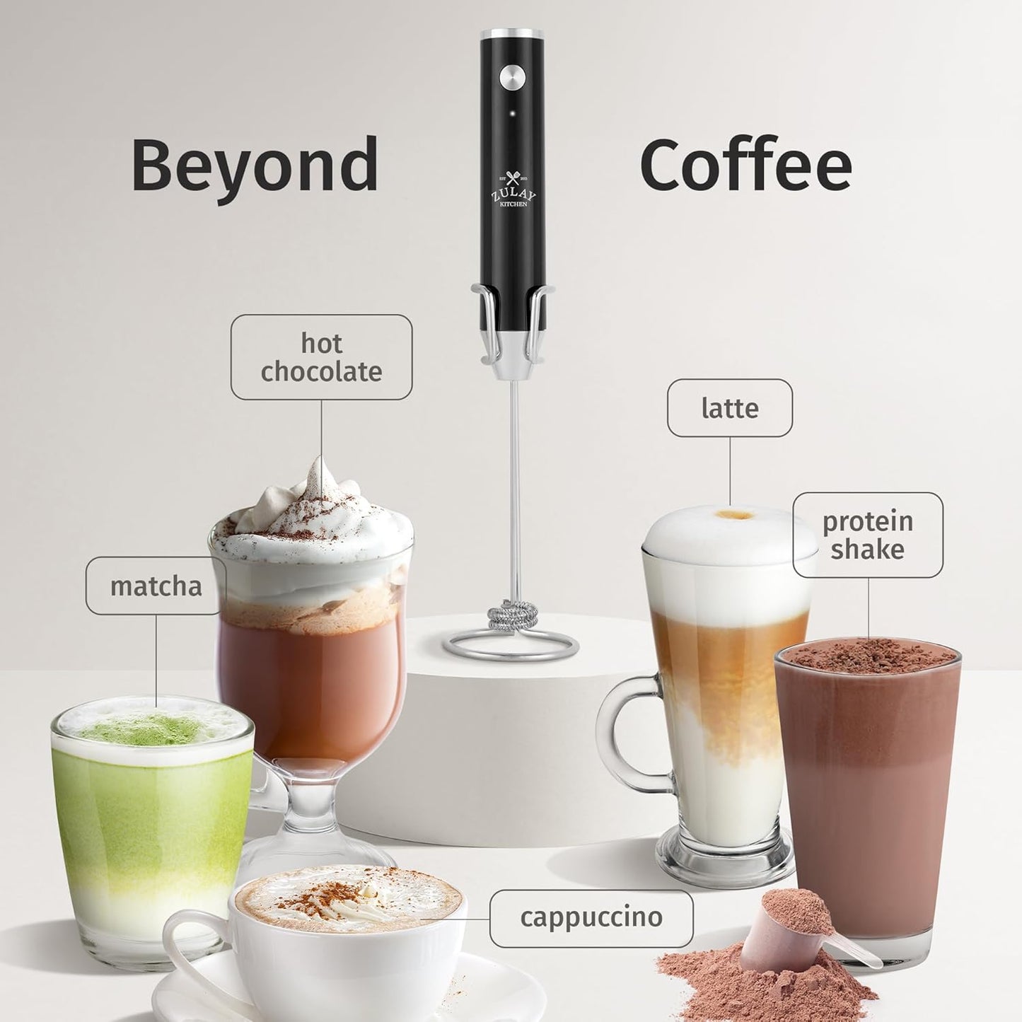 Zulay Kitchen Lux Rechargeable Milk Frother Handheld - Powerful 2-Speed Motor, Fully Waterproof, 2000mAh Battery - Drink Mixer For Latte, Cappuccino, Matcha, Protein Powder - Black