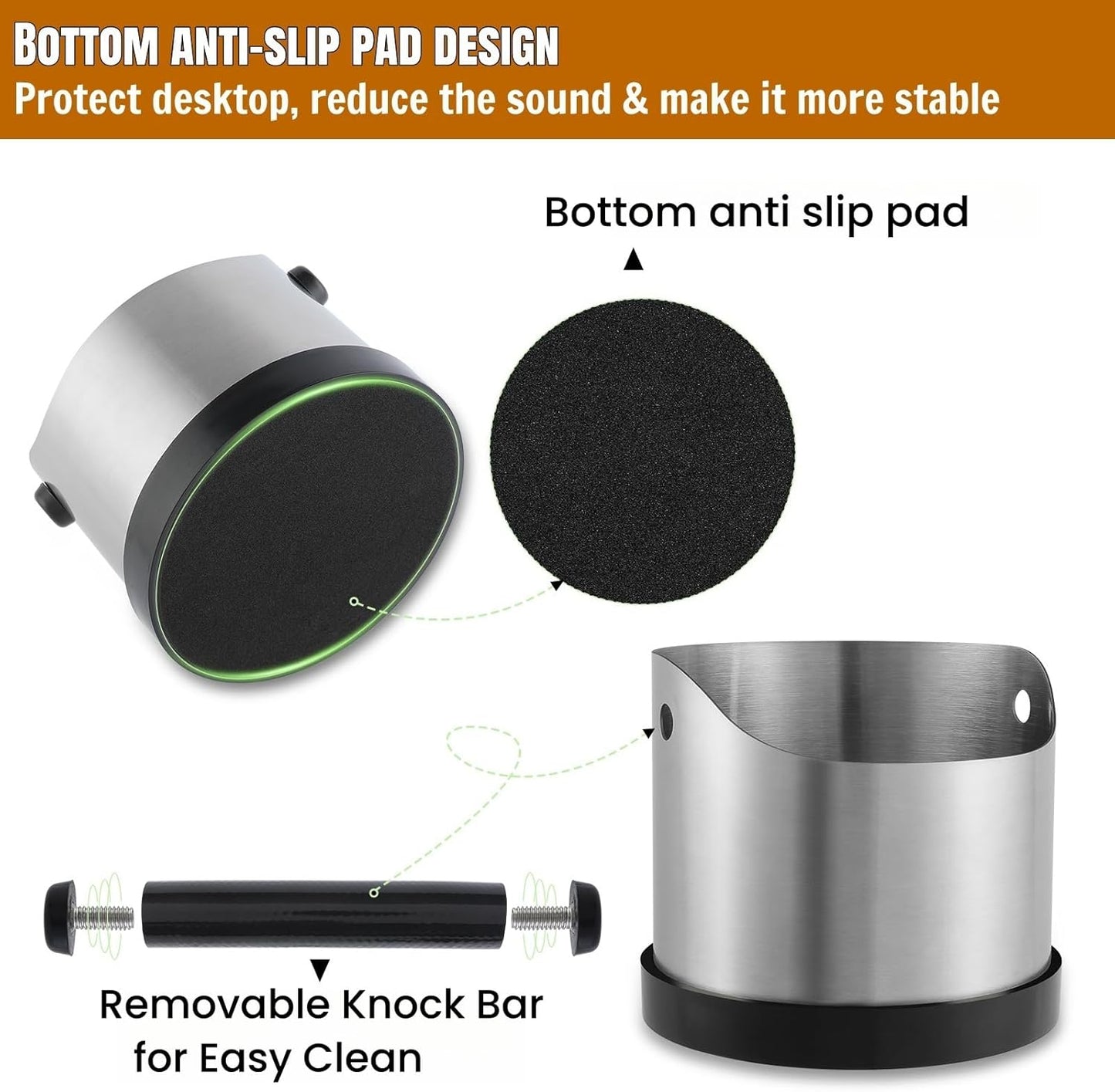 Coffee Grounds Knock Box, Small Stainless Steel Espresso Coffee Knock Box, Coffee Grind Knock Out Box with Removable Knock Bar and Coffee Brush, Coffee Grounds Container with Non-Slip Base