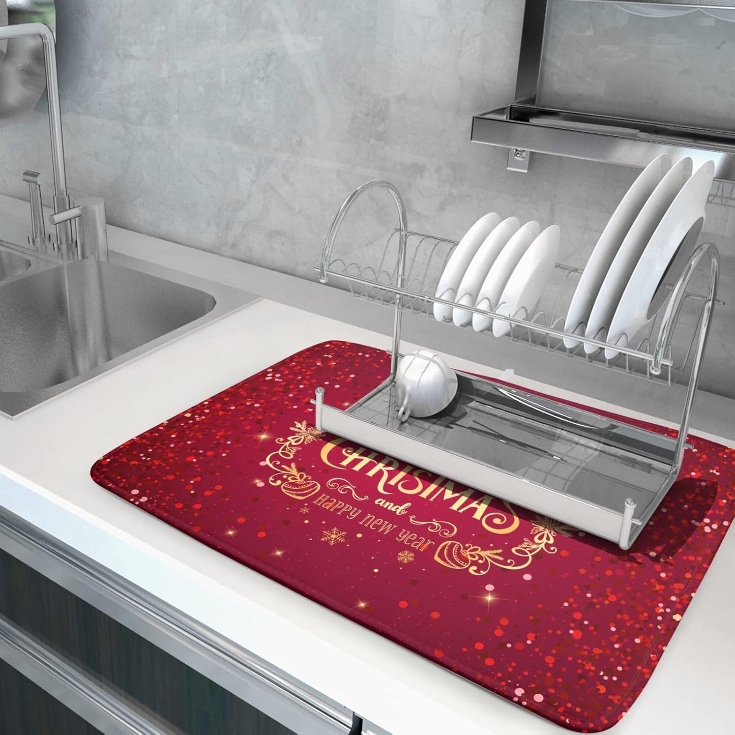 Merry Christmas Drying Mat for Kitchen Counter 18x24 Inch Christmas Dish Mat with Absorbent Reversible Microfiber Christmas Dish Drying Mat Dish Drainer Rack Pad Drainer Mat for Coffee Bar