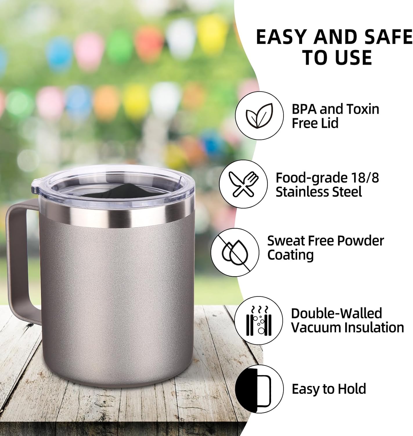 Volhoply 14oz Insulated Stainless Steel Coffee Mug with Lid Bulk 8 Pack,Double Wall Vacuum Travel Coffee Cup with Handle,Reusable Metal Cups Tumbler,Camping Mugs Keep Hot,Ideal Gifts(Gray,8 Set)