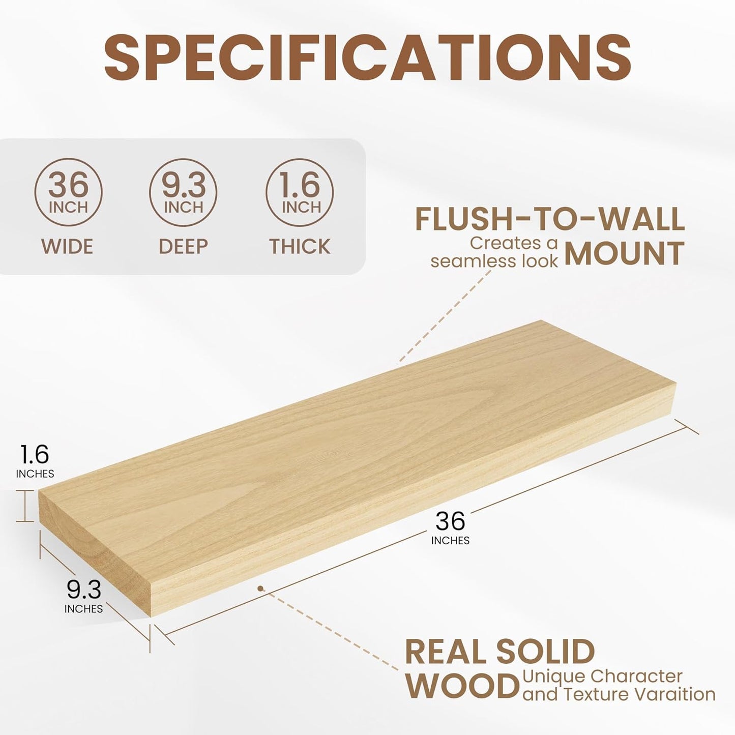 Fun Memories Deep Floating Shelves, Solid Wood Floating Shelves Wall Mounted, 9.3" Deep Wall Shelf for Living Room, Bedroom, 36 x 9 Large Floating Shelf for Books, Burlywood, Set of 2